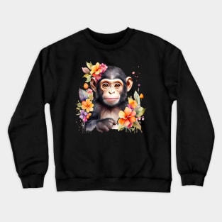 A baby chimpanzee decorated with beautiful watercolor flowers Crewneck Sweatshirt